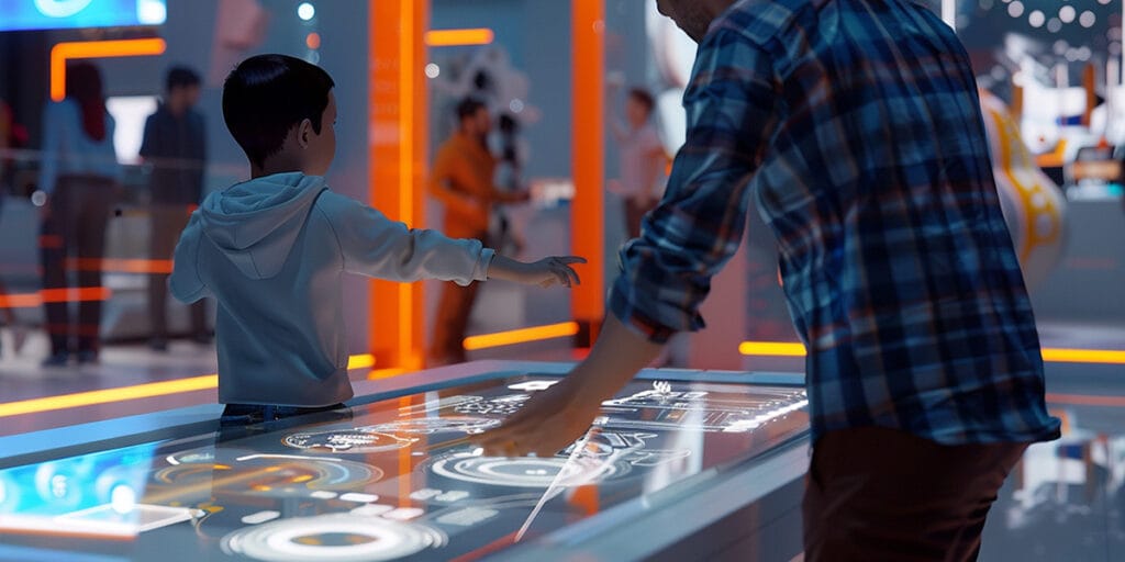 Gamification fiere - padre con figlio fanno gioco interattivo